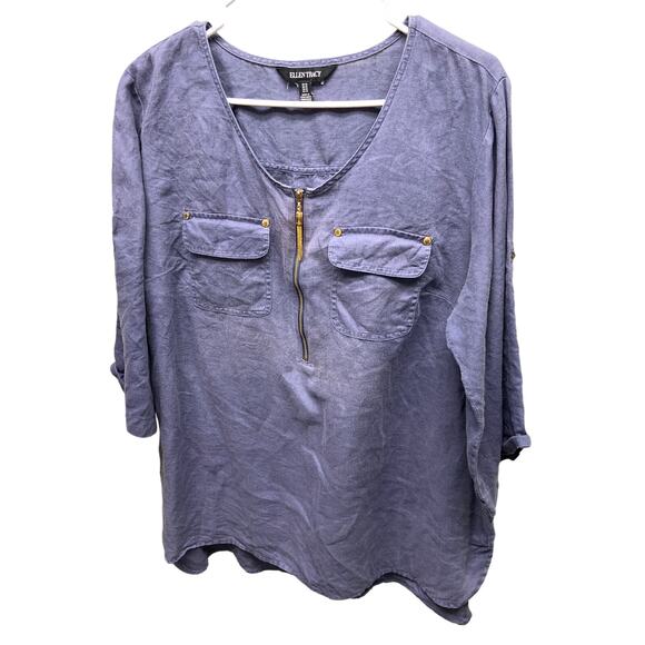 Ellen Tracy Linen Top Double Pocket 3/4 Sleeves Blouse Size 1X - Picture 2 of 11